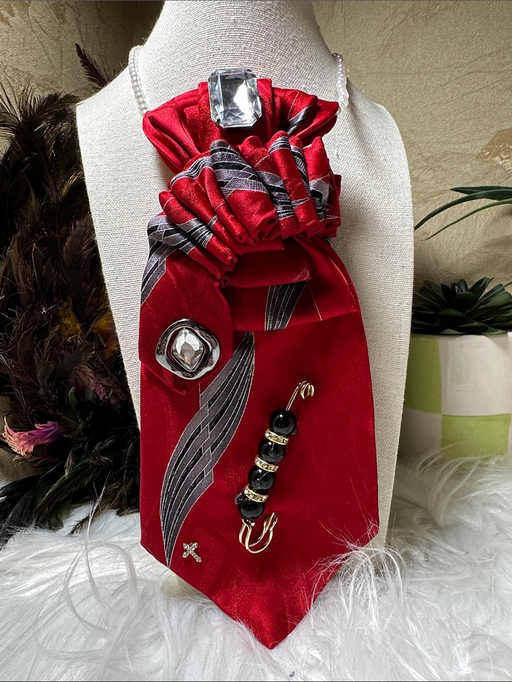 jf j.ferrar Red Satin Tie with Black & Silver Accents
